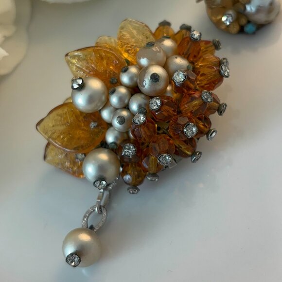 HASKILL-STYLE VINTAGE RHINESTONE BEADED BROOCH & EARRINGS - Picture 8 of 10